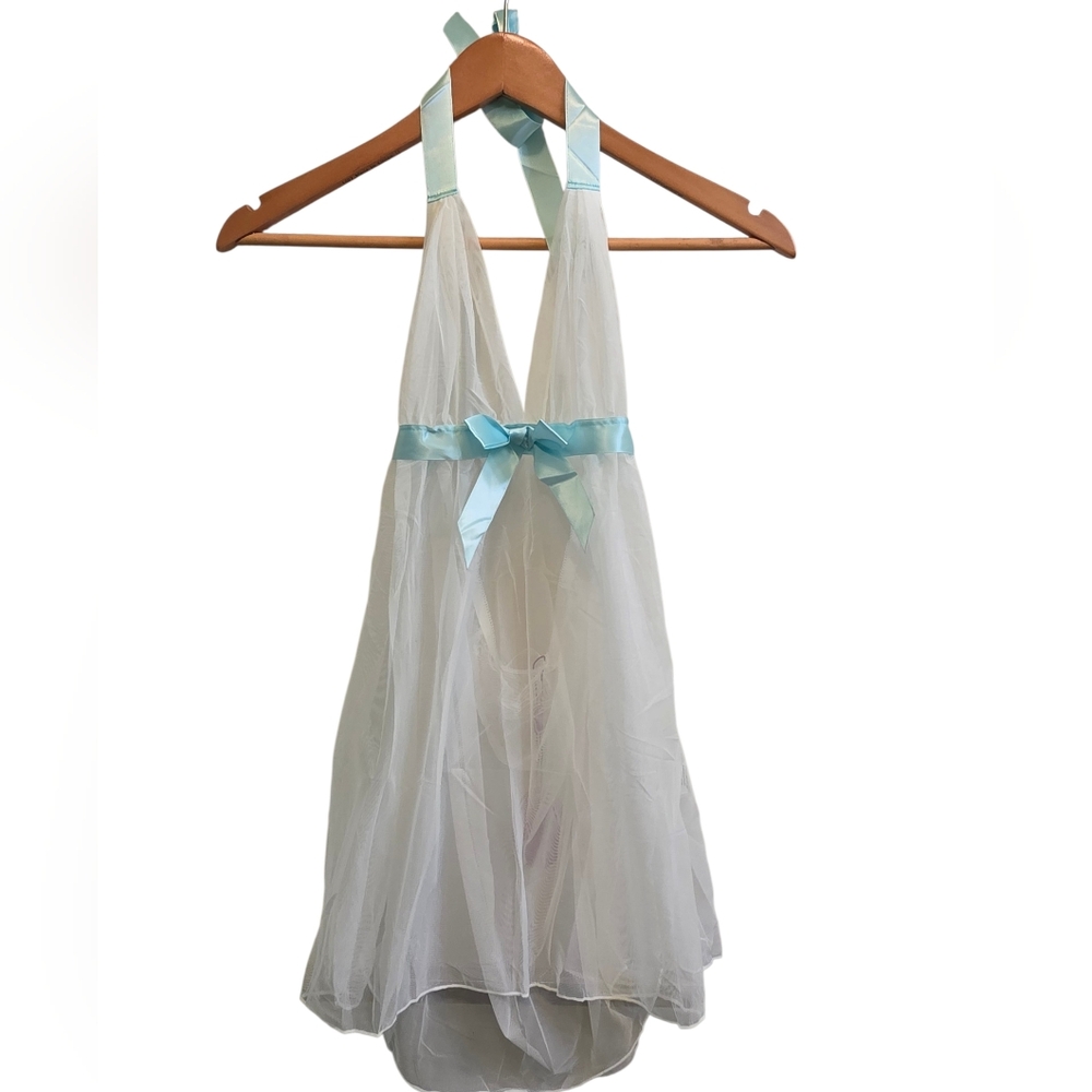 Avidlove Sheer White Halter Babydoll Nightgown Blue Bow & Ribbon Trim NWT Size M
